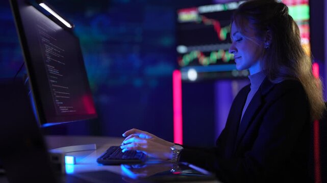 Cybersecurity analyst monitoring real-time network threat logs in dark security operations center. Digital forensic expert auditing malware code syntax via tablet interface.