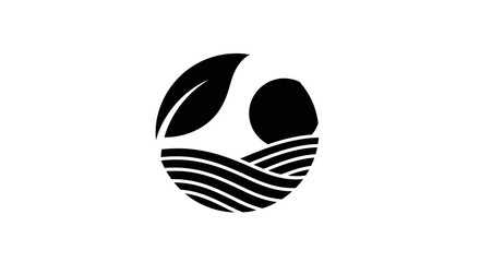 Organic farming logo with a green leaf over stylized farm fields and sun, representing nature and agriculture, on an isolated white background. © purwo