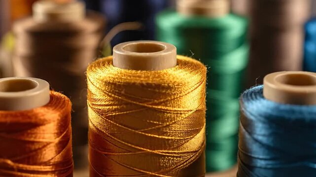 Vibrant spools of thread in various colors, perfect for sewing and crafting projects on a neutral background.