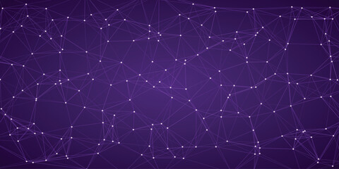 Obraz premium Intricate purple network of bright white nodes and connecting lines forming a complex geometric web on a deep purple gradient background