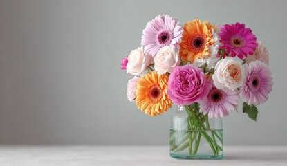 Fototapeta premium Mixed bouquet of vibrant pink and orange flowers in a clear glass vase, light background