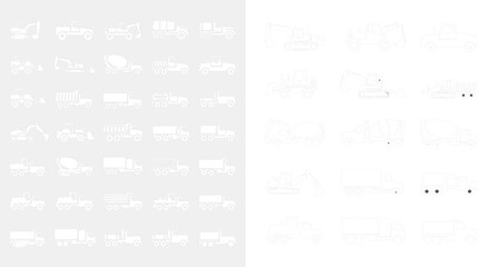 Construction Vehicle Icons Set with Trucks Excavators Bulldozers Cement Mixers and Heavy Equipment Silhouettes Vector Collection