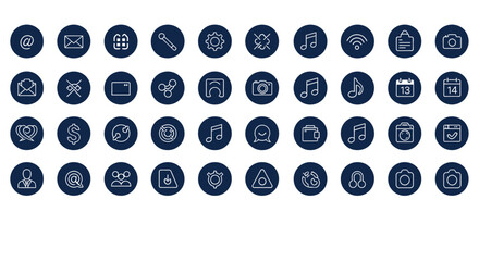 Comprehensive Digital App Icons Set for UI UX and Web Interface in Blue Circle on Bright Studio