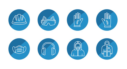Fototapeta premium Collection of Personal Protective Equipment (PPE) Flat Icons in Blue on Bright Studio Background