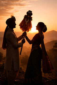 &ldquo;Traditional Maharashtrian couple celebrating Gudi Padwa, husband and wife raising gudi together, woman in nauvari saree with traditional jewelry, man in kurta pajama and pheta, golden sunrise lightin