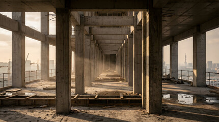 Fototapeta premium Interior View of Concrete Building Structure Under Construction with Sunlight