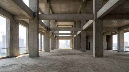Fototapeta premium Vast Empty Interior of Modern Concrete High Rise Building Under Development