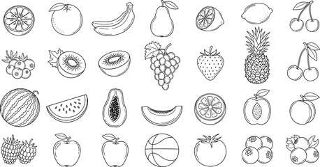 Fresh fruit line icon set featuring apple, banana, pineapple, strawberry, watermelon, citrus orange, grapes, and berry symbols for healthy organic food grocery market menus. © Maslima
