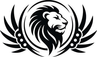 Lion head logo with wings in a circular frame,  branding and identity vector silhouette.  © Rahat Hossain