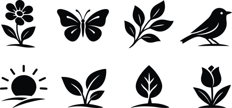 Nature icon set, flower, butterfly, branch, bird, sun, sprout, tree, and tulip
