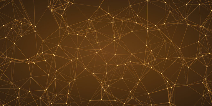 Warm golden abstract network of linked nodes and lines forming a detailed geometric web against a rich brown background