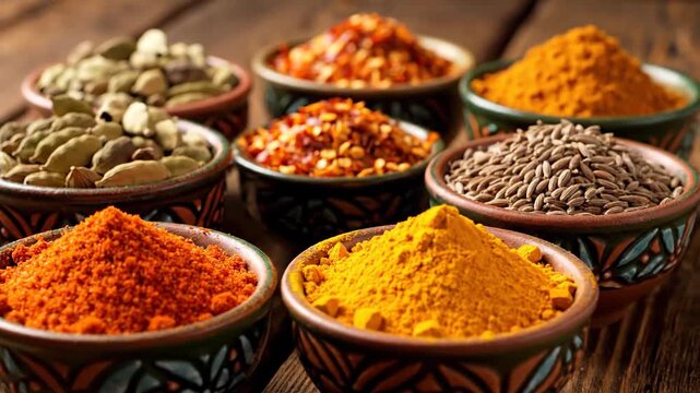 Assorted vibrant spices are arranged in small bowls