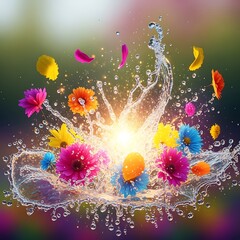 Explosion of vibrant flowers with water splash and ethereal light effect