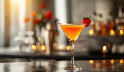 Bright orange cocktail in martini glass with strawberry garnish on bar, blurred lights background
