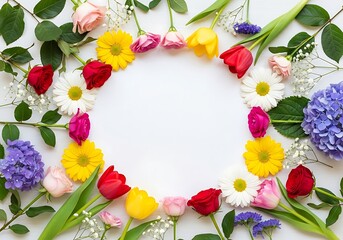 Floral circle arrangement with assorted flowers on a white background