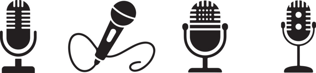 Four different types of microphone icons in black and white colors  audio equipment
