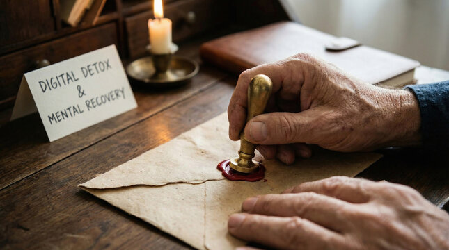Person seals envelope with wax stamp near candle and note about digital detox and mental recovery for peaceful focus