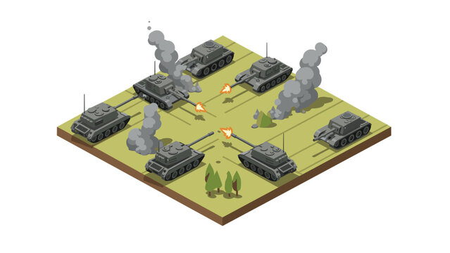 isometric battle scene with seven firing tanks on battlefield with smoke and trees in flat style