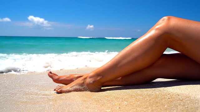Woman's legs on sandy beach with turquoise ocean waves crashing in background for travel or summer relaxation