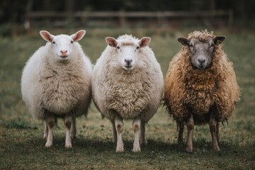Obraz premium Trio of fluffy sheep in pasture