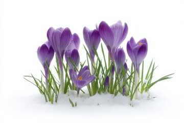 Fototapeta premium Purple crocuses emerging from snow: early spring bloom display