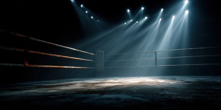 Dramatic empty boxing ring under bright spotlights in a dark arena