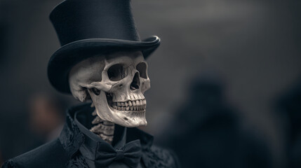 A skeleton wearing a top hat and a bow tie stands alone