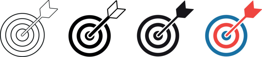 Four different target icons with arrows hitting the center bullseye precisely  business success concept