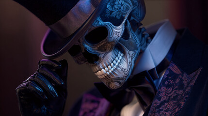 A person wearing a sugar skull mask and a top hat