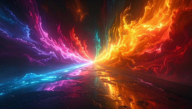 illustrazione 3D di linee rette di luce brillante e multicolore e nuvole, che si estendono verso l'orizzonte in uno spazio tridimensionale astratto e oscuro