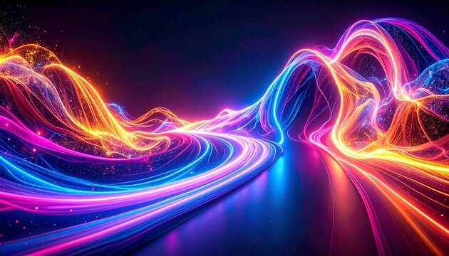 linee di luce tridimensionale e multicolore, a forma di onde e curve, in uno spazio vuoto e scuro