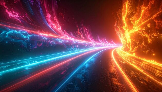 illustrazione 3D di linee curve di luce brillante e multicolore e nuvole, che si estendono verso l'orizzonte in uno spazio tridimensionale astratto e oscuro