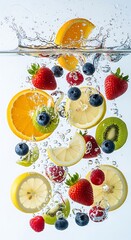 Fresh colorful fruits splashing with refreshing water in a vibrant arrangement