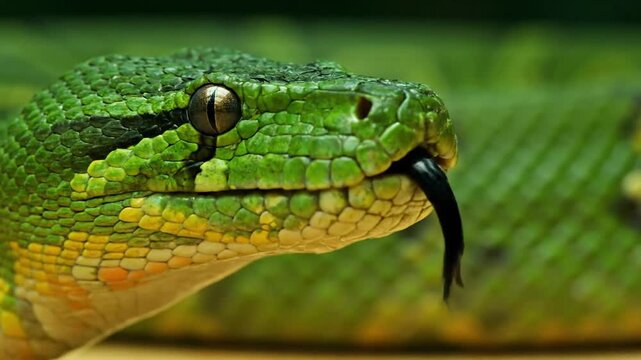 A green snake's head shows intricate scale patterns