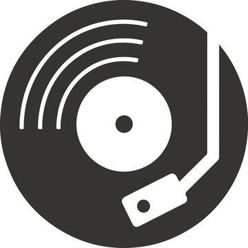 Stylized graphic icon representing a vintage vinyl record player with spinning disc and tone arm