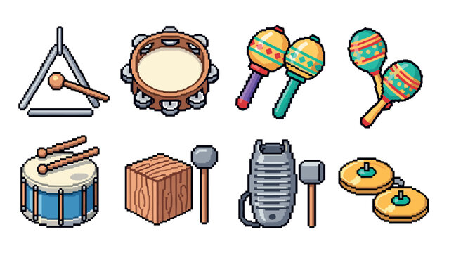 set of pixel art hand drawn percussion musical instruments including triangle tambourine maracas drum wood block guiro and cymbals