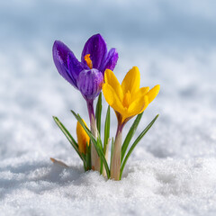 Purple and yellow crocus flowers blooming through sparkling white snow in early spring