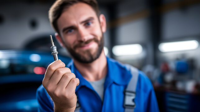 Faceless mechanic worker holding faulty oxygen sensor from vehicle exhaust system automotive repair emission system maintenance lambda sensor replacement motor vehicle service