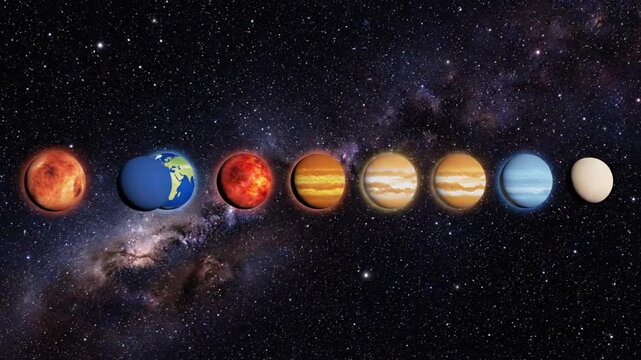 A panoramic view of the solar system's planets aligned in space