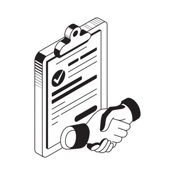 A handshake near a clipboard symbolizes agreement partnership or a completed task