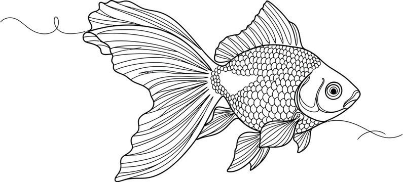 Elegant black and white line art illustration of a flowing fantail goldfish swimming gracefully with decorative aquatic movement suggesting serene beauty and minimalist design.