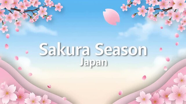 A beautiful illustration of cherry blossom season in Japan with pink flowers, a blue sky, and soft clouds, featuring the text 'Sakura Season Japan'.