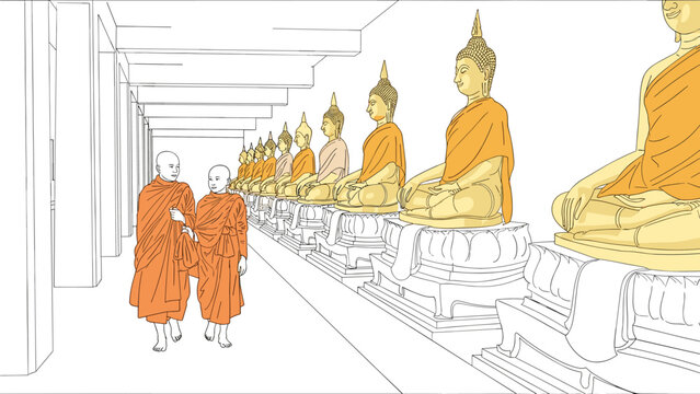 two buddhist monks walking in temple corridor with row of golden buddha statues hand drawn illustration