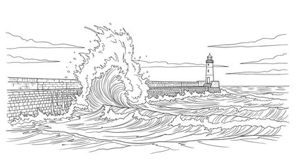 Obraz premium sea waves crashing against pier with lighthouse line art hand drawn illustration