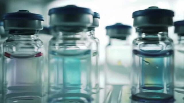 Medical vials lined up for scientific research or vaccination development