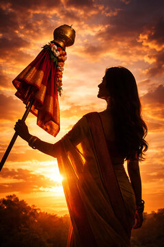 &ldquo;Beautiful Maharashtrian woman celebrating Gudi Padwa, holding traditional gudi with silk cloth and copper kalash, wearing nauvari saree and traditional jewelry, golden sunrise lighting, soft warm glo