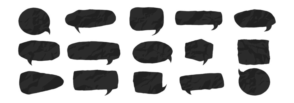 Black grunge speech bubble set, textured chat and dialog box silhouettes isolated on transparent background