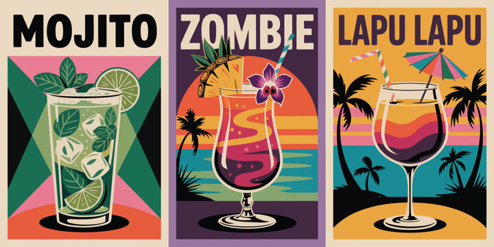 Mojito Zombie Lapu Lapu Cocktail Posters, Colorful Retro Drink Illustration Collection in Teal Coral Purple and Yellow