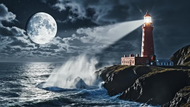 Lighthouse on rocky cliff with waves crashing under full moonlight