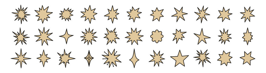 Obraz premium Golden starburst and sparkle icon set, decorative hand drawn star shapes collection isolated on transparent background